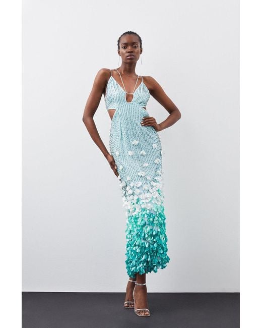 Karen Millen Blue Petite Crystal Applique Deep V Woven Maxi Dress