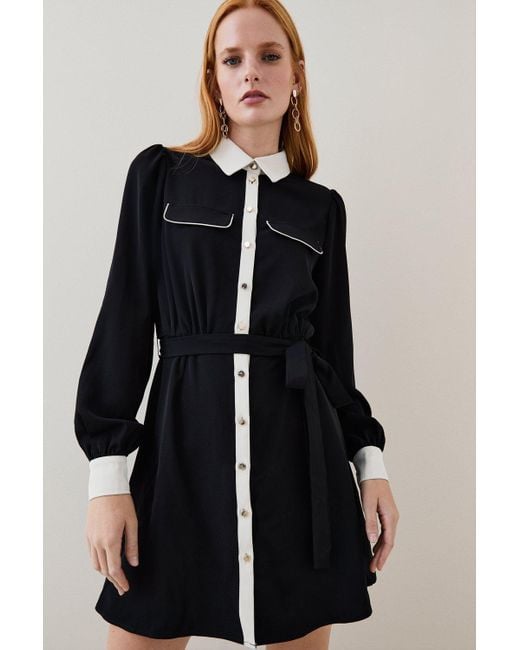 Karen Millen Black Contrast Twill Trimmed Mini Shirt Dress