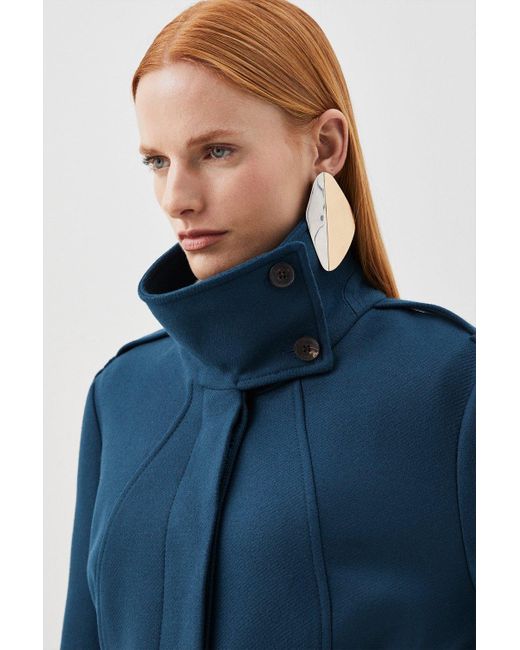 Karen Millen Blue Italian Manteco Wool Blend Tailored Epaulette Detail Belted Coat