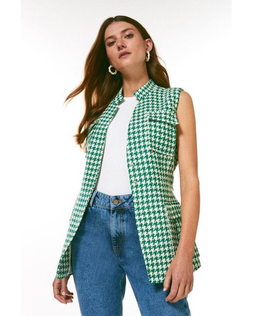 Karen Millen Green Check Tweed Belted Sleeveless Jacket