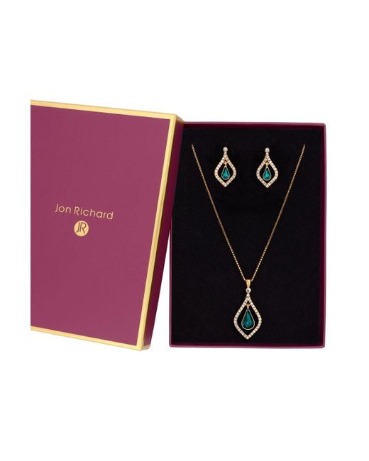 Jon Richard Gold Plated Green Peardrop Pendant Necklace And Earring Set - Gift Boxed