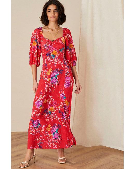 Monsoon Red 'omi' Floral Print Midi Dress