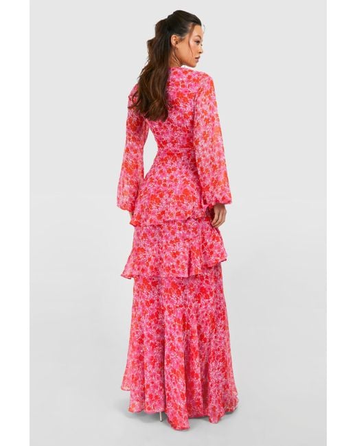 Boohoo Tall Woven Floral Wrap Tiered Maxi Dress