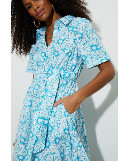 Dorothy Perkins Blue Petite Daisy Cotton Poplin Shirt Midi Dress