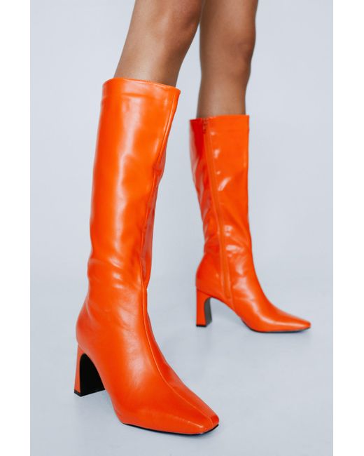 Nasty Gal Red Faux Leather Knee High Heeled Boots