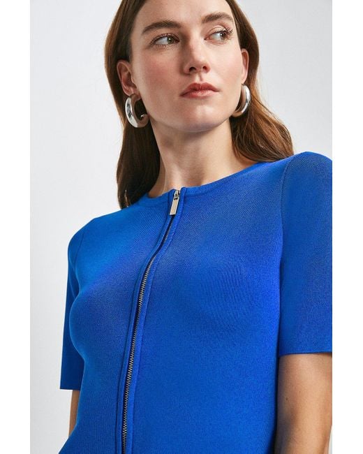 Karen Millen Blue Short Sleeve Zip Col Block Knitted Dress