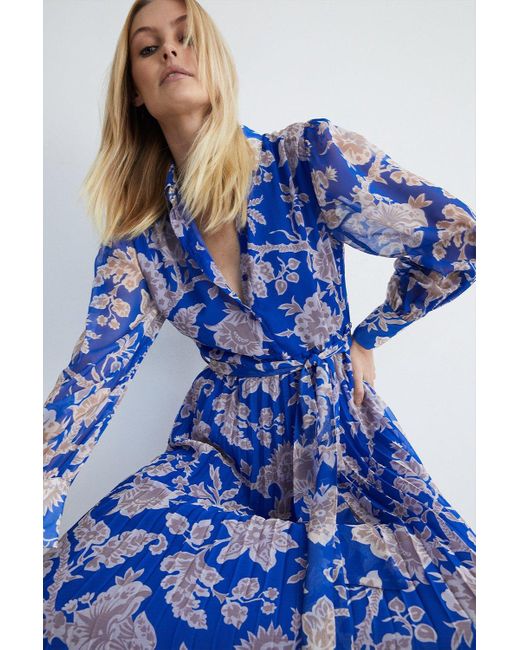 Warehouse Blue Floral Belted Pleated Midi Shirt Dress