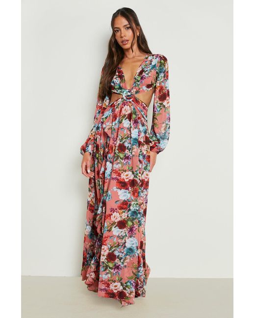 Boohoo Red Floral Cut Out Open Back Maxi Dress