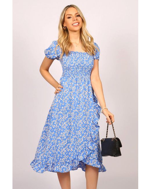 Tenki Blue Floral Print Off Shoulder Bardot Midi Dress