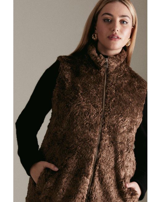 Karen Millen Brown Plus Size Textured Faux Fur Long Gilet