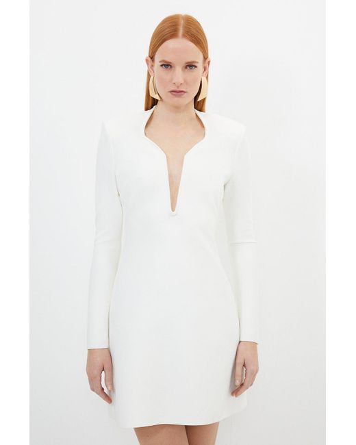 Karen Millen White Figure Form Bandage Plunge Neck Knit Mini Dress