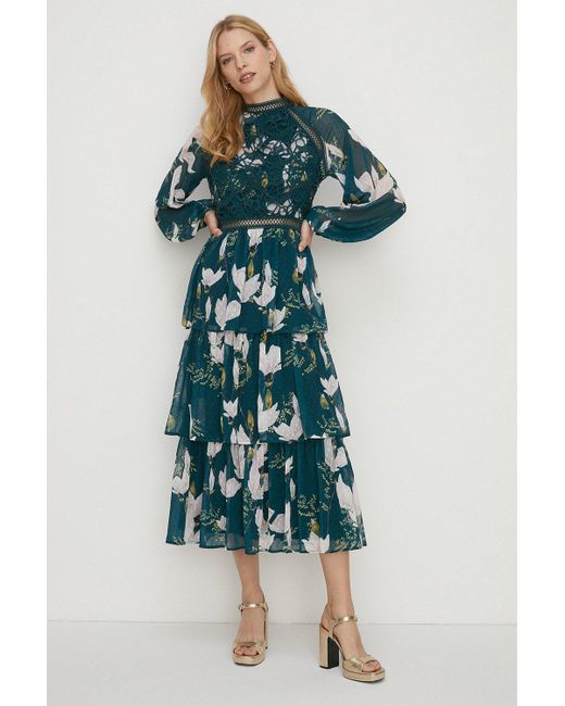 Oasis Green Petite Floral Tiered Dobby Midi Dress