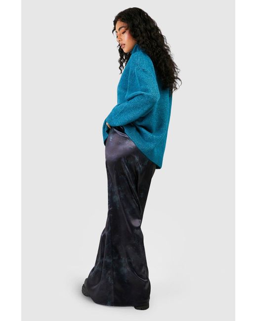 Boohoo Blue Drawstring Printed Satin Maxi Skirt