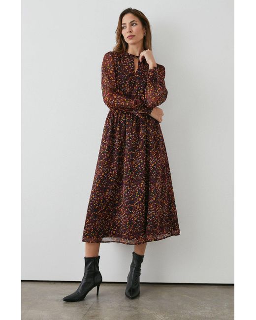 PRINCIPLES Brown Abstract Floral Keyhole Dress