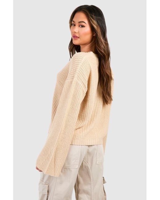 Boohoo Natural Wide Sleeve Fisherman Knit Button Through Cardigan