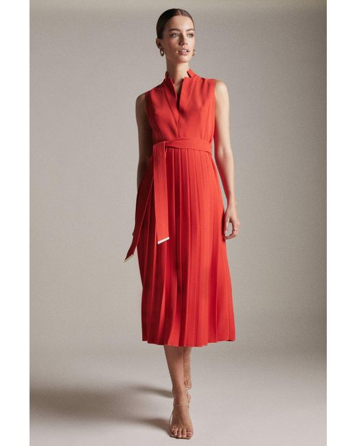 Karen Millen Red Petite Pleat Notch Neck Woven Midi Dress
