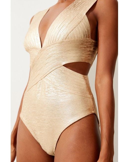 Karen Millen Natural Foiled Bandage Textured V Neck Swimsuit