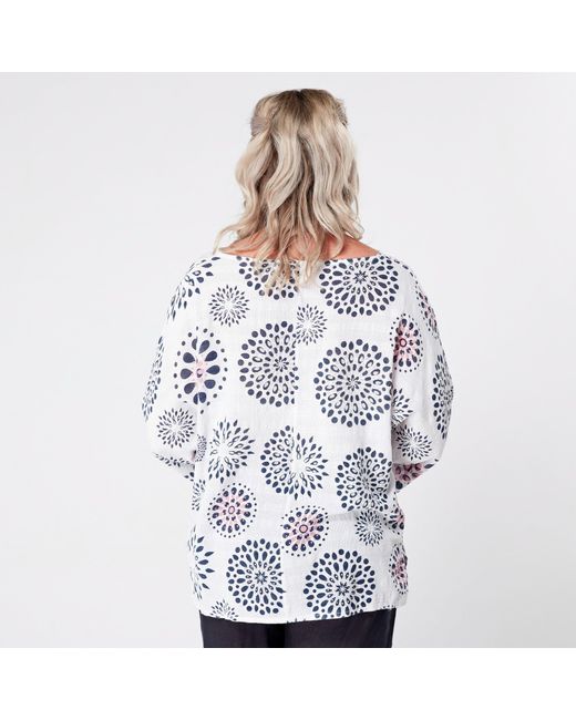 Luca Vanucci White Printed Cotton Top With 3/4 Sleeves