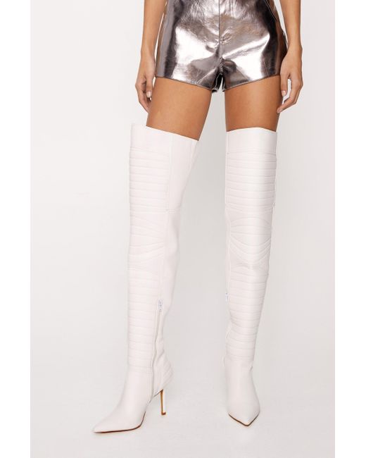 Nasty Gal White Faux Leather Padded Motocross Thigh High Boots