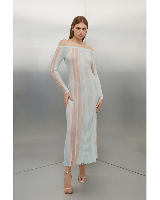 Karen Millen Gray Petite Slinky Viscose Slash Neck Striped Knit Midaxi Dress
