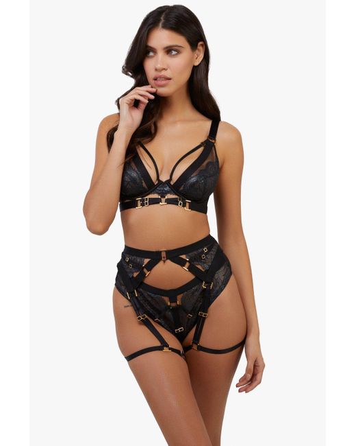Playful Promises Brown Tabitha Black Wet-look Lace Harness Suspender