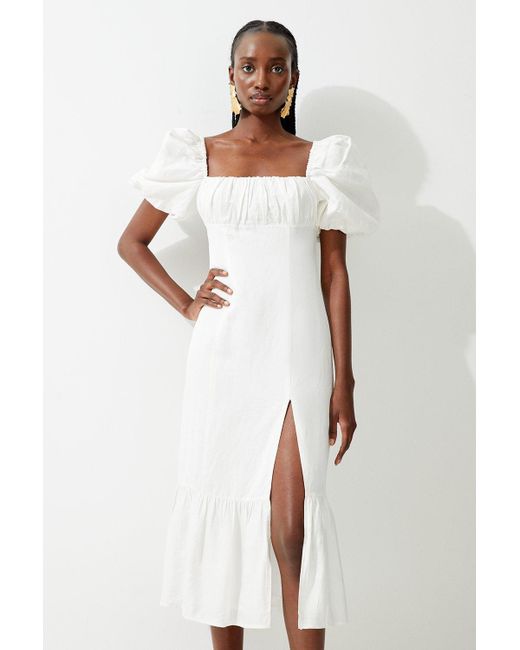 Karen Millen White Petite Viscose Linen Woven Puff Sleeve Midi Dress
