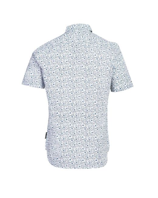French Connection Blue Cotton Short Sleeve Floral Shirt for men