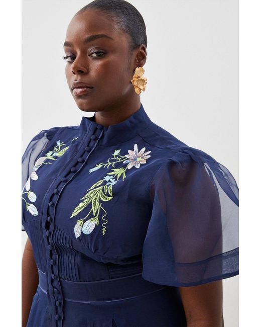Karen Millen Blue Plus Size Botanical Embroidery Organdie Midi Dress