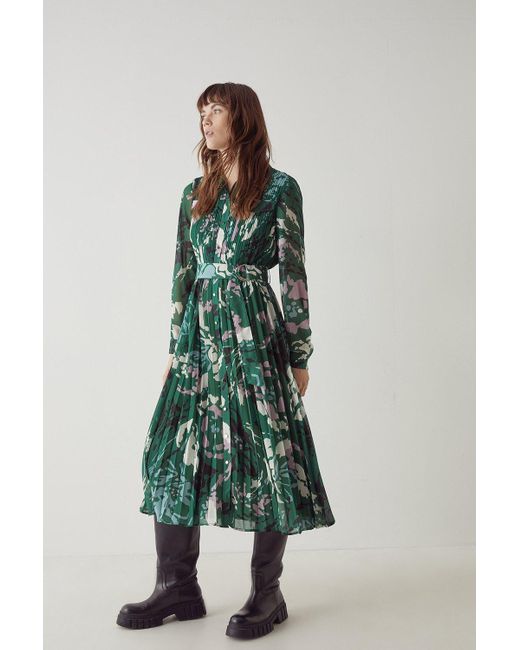 Warehouse Green Pleated Midi Belted Shirt Dress In Print