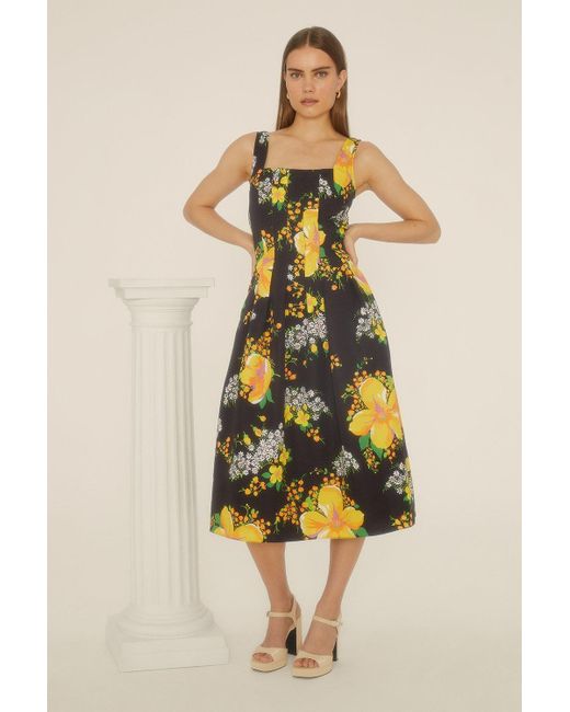 Oasis Yellow Large Floral Bodice Midi Dress