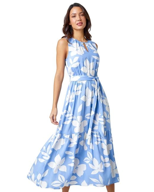 Roman Blue Sleeveless Floral Print Maxi Dress