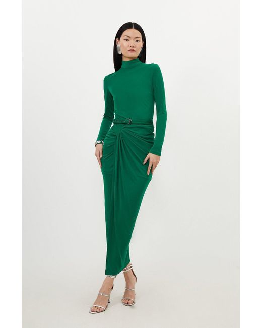 Karen Millen Green Petite Premium Viscose Jersey Ruched Maxi Dress