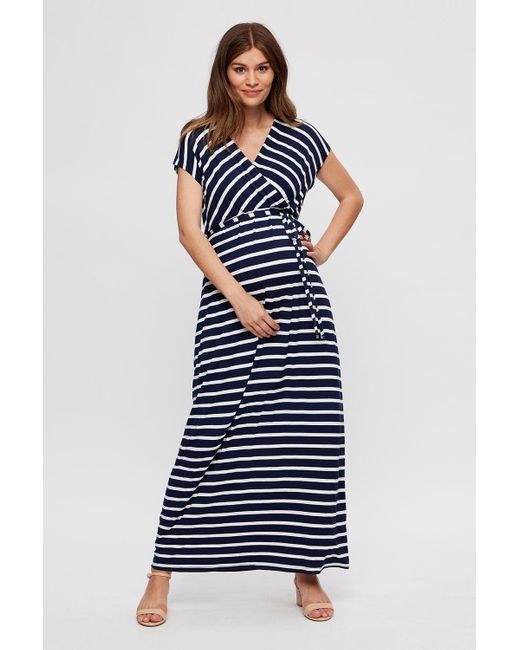 Dorothy Perkins Blue Maternity Navy Stripe Roll Sleeve Maxi Dress