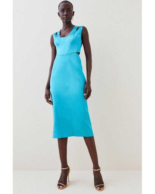 Karen Millen Blue Italian Structured Satin Column Midi Dress
