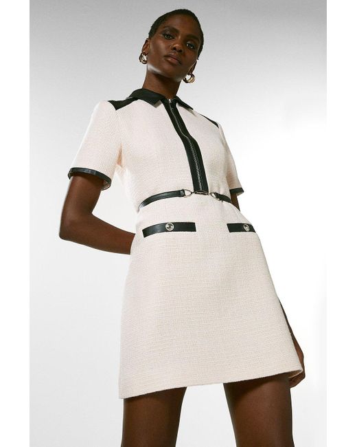 Karen Millen White Boucle Pu Contrast Short Sleeve Mini Dress