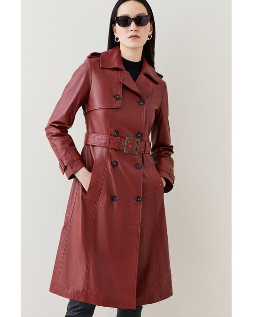 Karen Millen Red Petite Leather Trench Belted Mac Coat