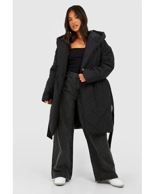 Boohoo Black Petite Diamond Quilted Belted Puffer Jacket