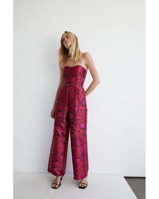 Warehouse Red Floral Print Satin Twill Bandeau Jumpsuit
