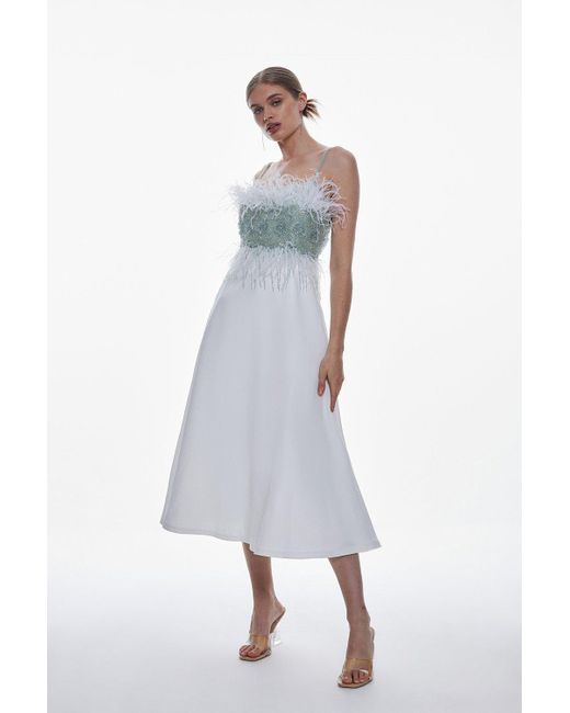 Karen Millen White Embellished And Feather Woven Prom Midi Dress