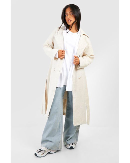 Boohoo White Petite Linen Look Belted Trench Coat