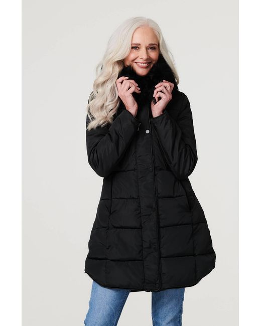 Izabel London Black Longline Padded Coat With Hood