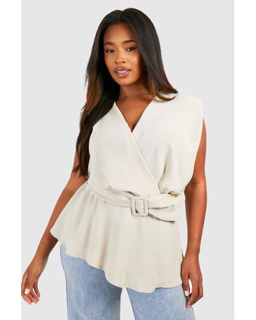 Boohoo White Plus Hammered Belted Wrap Peplum Top