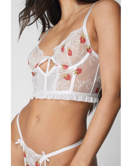 Strawberry Embroidered Scallop Bow V Corset Lingerie Set