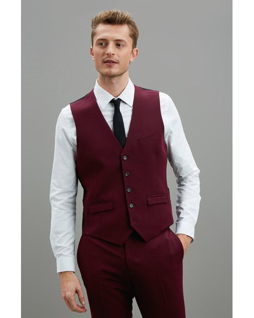 Burton Red Skinny Fit Burgundy Bi-stretch Waistcoat for men