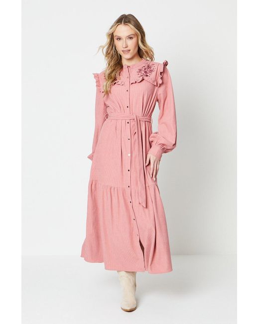 Oasis Pink Cord Embroidered Frill Belted Midi Dress