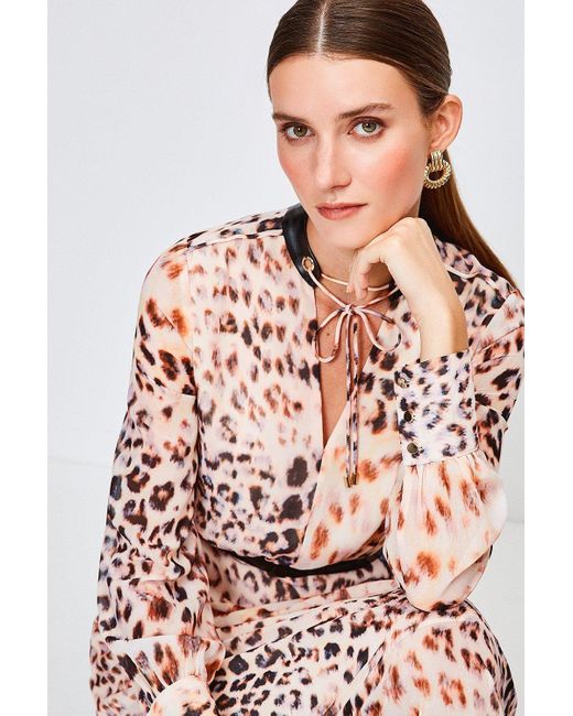 Karen Millen Brown Leopard And Pu Trim Midi Dress
