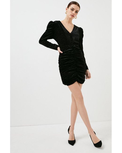 Karen Millen Black Petite Stretch Velvet V Neck Zebra Jersey Mini Dress