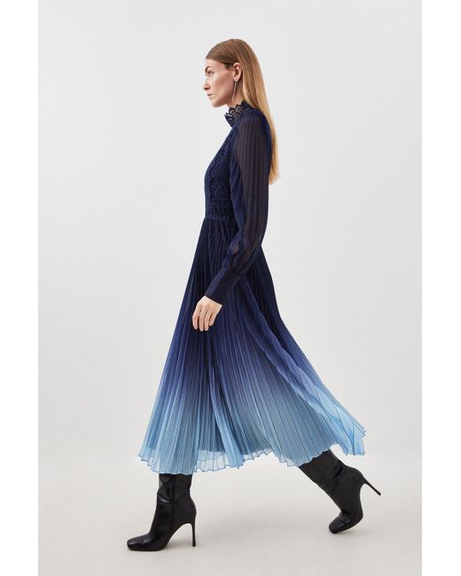 Karen Millen Blue Tall Long Sleeve Ombre Guipure Lace Maxi Dress