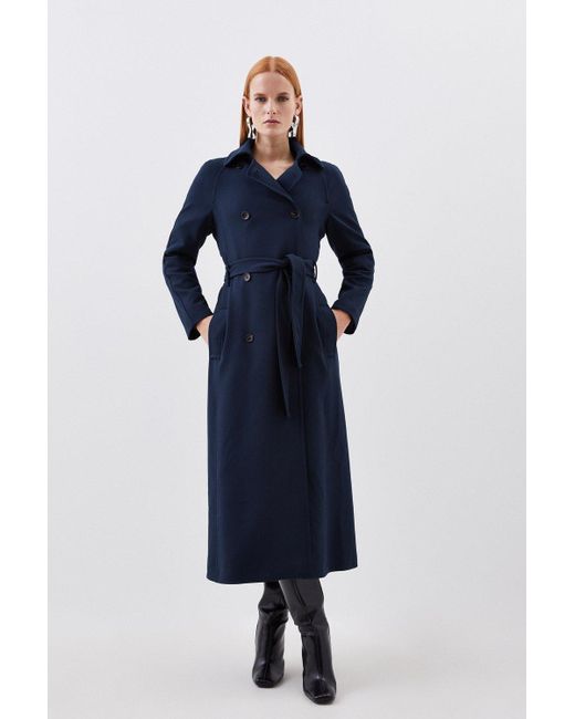 Karen Millen Blue Compact Stretch Double Breasted Button Detail Belted Coat
