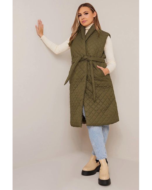 Chi Chi London Green Diamond Quilted Longline Belted Gilet